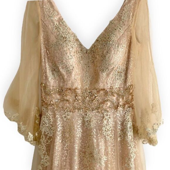 Val Stefani V-Cut Tulle Overlay Sleeve Sequin Bead Lace Embellished Gown Dress - Picture 9 of 17